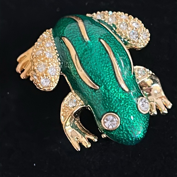 Roman Green Enamel Rhinestone Frog Brooch Pin, Signed - Picture 10 of 13